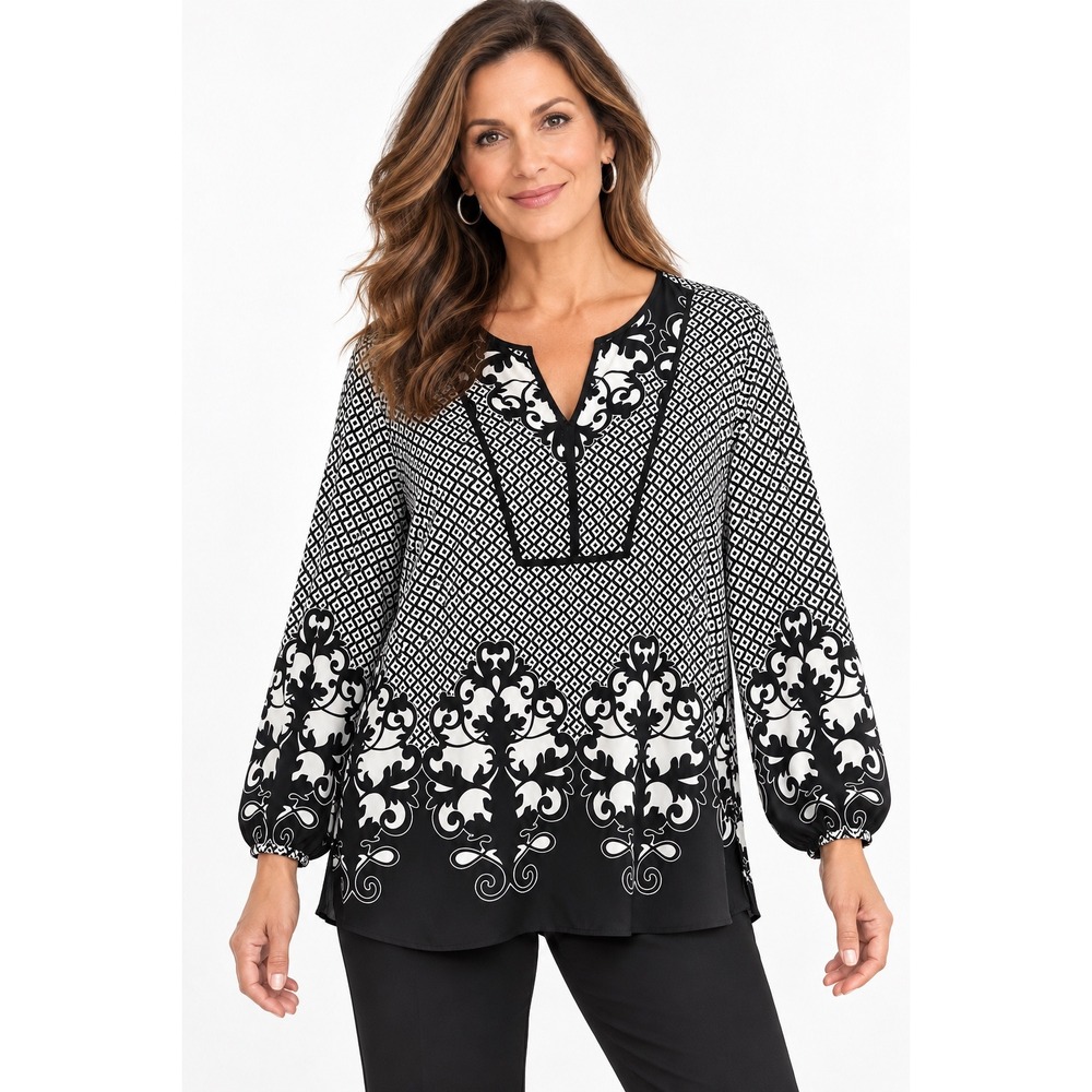Chicos Black White Geometric Damask Print Tunic Blouse Split V-Neck Size 4 20/22